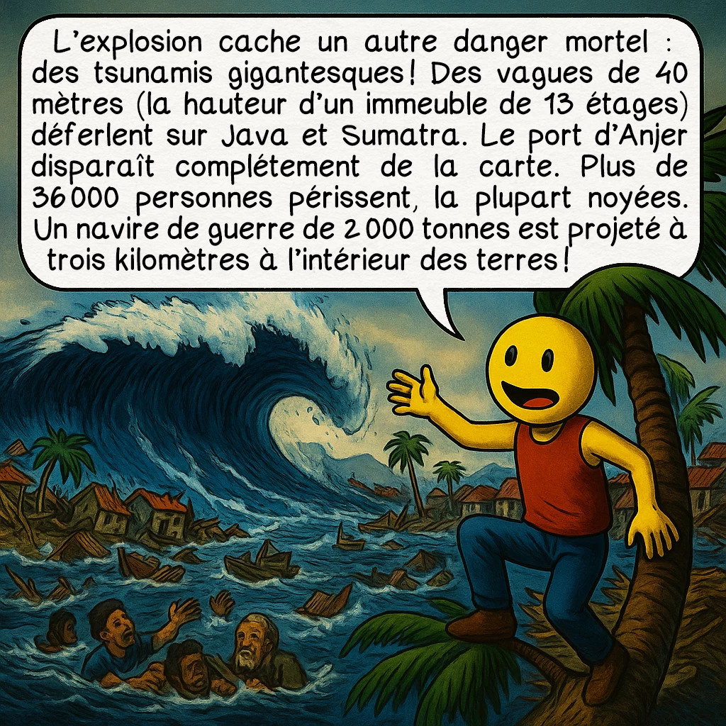 L’éruption du Krakatoa en 1883, case 7 : L’explosion cache un autre danger mortel : des tsunamis gigantesques ! Des vagues de 40 mètres (la hauteur d’un immeuble de 13 étages) déferlent sur Java et Sumatra. Le port d’Anjer disparaît complétement de la carte. Plus de 36 000 personnes périssent, la plupart noyées. Un navire de guerre de 2 000 tonnes est projeté à trois kilomètres à l’intérieur des terres !