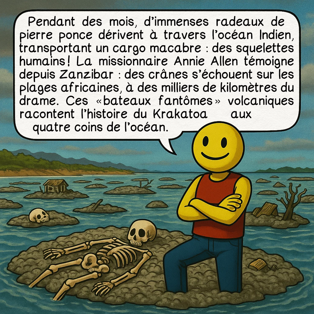 L’éruption du Krakatoa en 1883, case 8 : Pendant des mois, d’immenses radeaux de pierre ponce dérivent à travers l’océan Indien, transportant un cargo macabre : des squelettes humains ! La missionnaire Annie Allen témoigne depuis Zanzibar : des crânes s’échouent sur les plages africaines, à des milliers de kilomètres du drame. Ces « bateaux fantômes » volcaniques racontent l’histoire du Krakatoa aux quatre coins de l’océan.