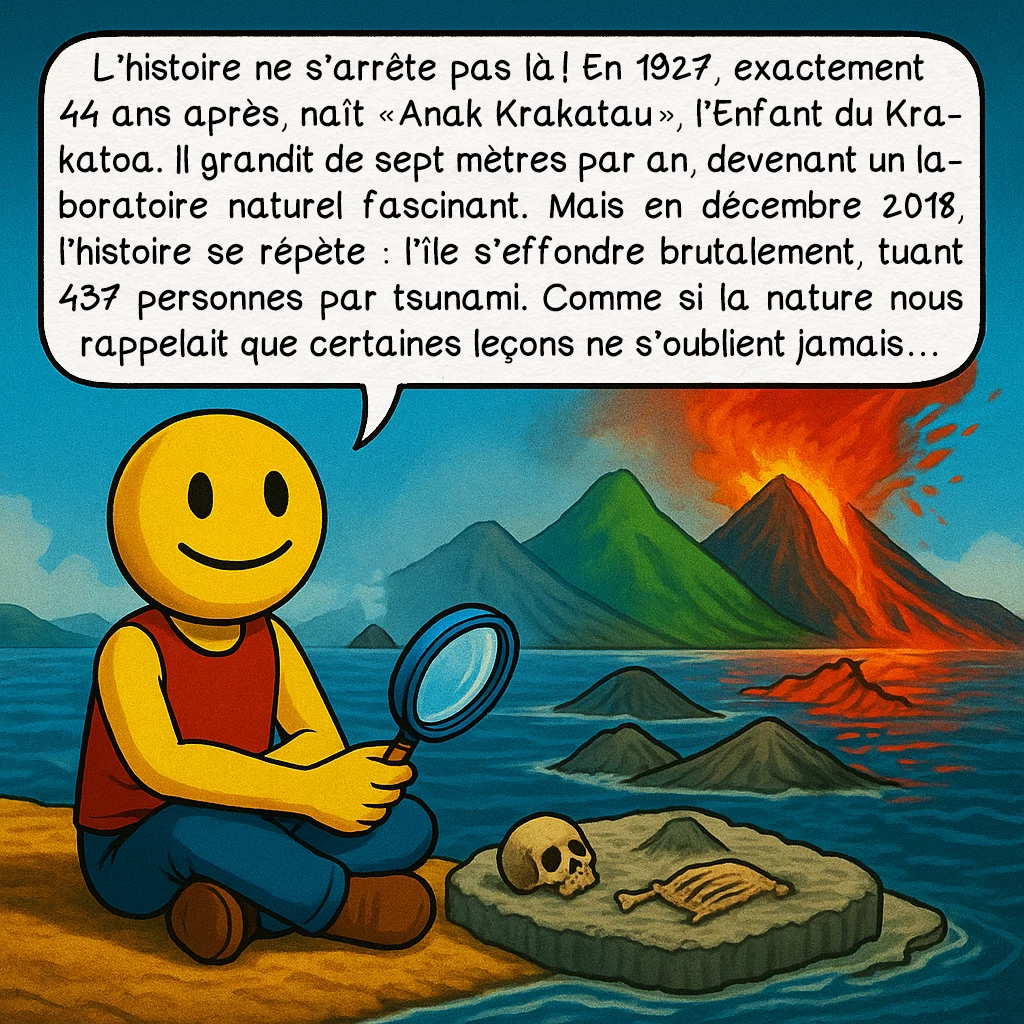 L’éruption du Krakatoa en 1883, case 9 : L’histoire ne s’arrête pas là ! En 1927, exactement 44 ans après, naît « Anak Krakatau », l’Enfant du Krakatoa. Il grandit de sept mètres par an, devenant un laboratoire naturel fascinant. Mais en décembre 2018, l’histoire se répète : l’île s’effondre brutalement, tuant 437 personnes par tsunami. Comme si la nature nous rappelait que certaines leçons ne s’oublient jamais…