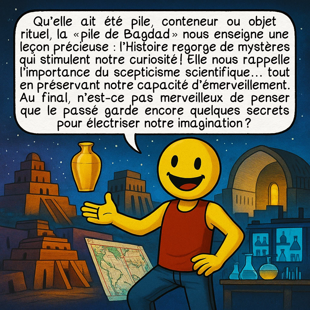 La pile électrique de Bagdad, case 10 : Qu’elle ait été pile, conteneur ou objet rituel, la « pile de Bagdad » nous enseigne une leçon précieuse : l’Histoire regorge de mystères qui stimulent notre curiosité ! Elle nous rappelle l’importance du scepticisme scientifique… tout en préservant notre capacité d’émerveillement. Au final, n’est-ce pas merveilleux de penser que le passé garde encore quelques secrets pour électriser notre imagination ?