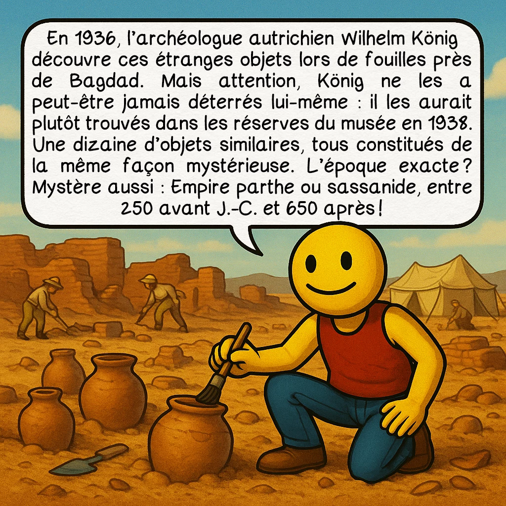 La pile électrique de Bagdad, case 2 : En 1936, l’archéologue autrichien Wilhelm König découvre ces étranges objets lors de fouilles près de Bagdad. Mais attention, König ne les a peut-être jamais déterrés lui-même : il les aurait plutôt trouvés dans les réserves du musée en 1938. Une dizaine d’objets similaires, tous constitués de la même façon mystérieuse. L’époque exacte ? Mystère aussi : Empire parthe ou sassanide, entre 250 avant J.-C. et 650 après !