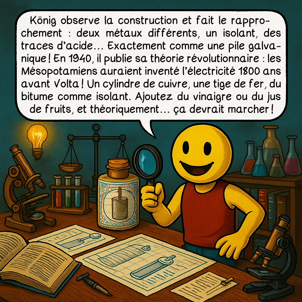 La pile électrique de Bagdad, case 3 : König observe la construction et fait le rapprochement : deux métaux différents, un isolant, des traces d’acide… Exactement comme une pile galvanique ! En 1940, il publie sa théorie révolutionnaire : les Mésopotamiens auraient inventé l’électricité 1800 ans avant Volta ! Un cylindre de cuivre, une tige de fer, du bitume comme isolant. Ajoutez du vinaigre ou du jus de fruits, et théoriquement… ça devrait marcher !