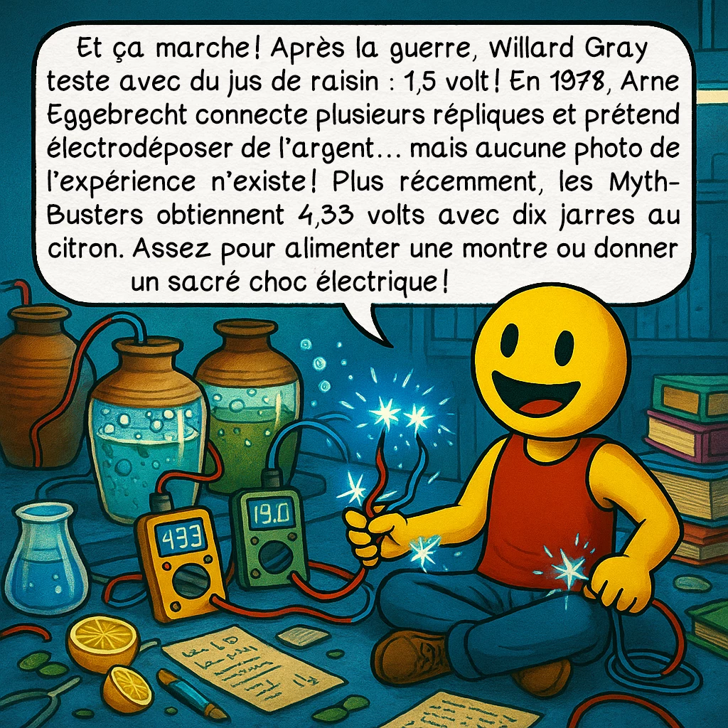 La pile électrique de Bagdad, case 4 : Et ça marche ! Après la guerre, Willard Gray teste avec du jus de raisin : 1,5 volt ! En 1978, Arne Eggebrecht connecte plusieurs répliques et prétend électrodéposer de l’argent… mais aucune photo de l’expérience n’existe ! Plus récemment, les MythBusters obtiennent 4,33 volts avec dix jarres au citron. Assez pour alimenter une montre ou donner un sacré choc électrique !