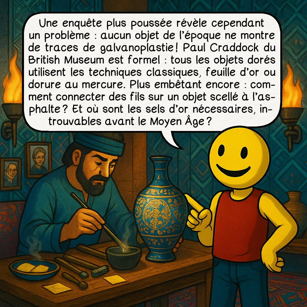 La pile électrique de Bagdad, case 5 : Une enquête plus poussée révèle cependant un problème : aucun objet de l’époque ne montre de traces de galvanoplastie ! Paul Craddock du British Museum est formel : tous les objets dorés utilisent les techniques classiques, feuille d’or ou dorure au mercure. Plus embêtant encore : comment connecter des fils sur un objet scellé à l’asphalte ? Et où sont les sels d’or nécessaires, introuvables avant le Moyen Âge ?