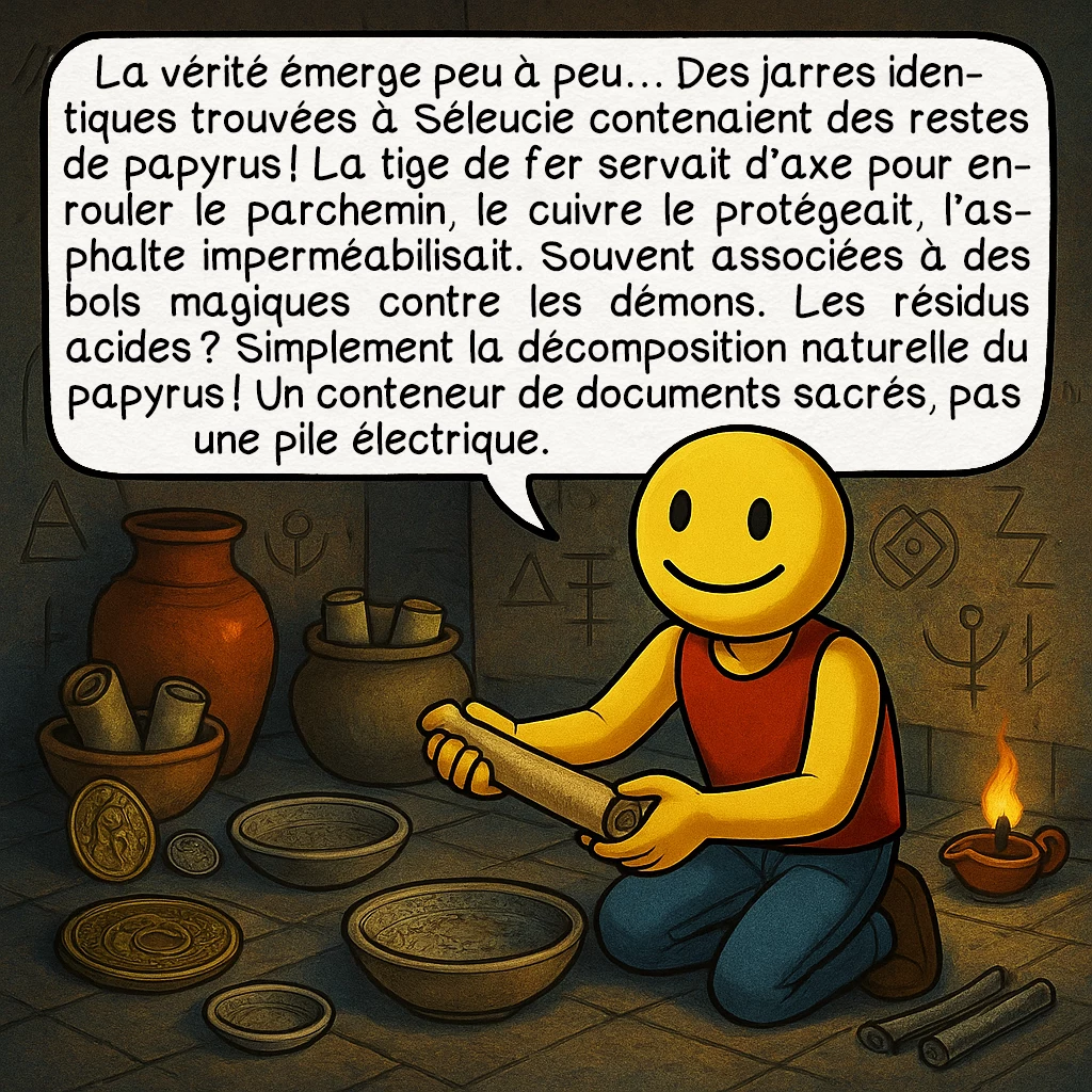 La pile électrique de Bagdad, case 6 : La vérité émerge peu à peu… Des jarres identiques trouvées à Séleucie contenaient des restes de papyrus ! La tige de fer servait d’axe pour enrouler le parchemin, le cuivre le protégeait, l’asphalte imperméabilisait. Souvent associées à des bols magiques contre les démons. Les résidus acides ? Simplement la décomposition naturelle du papyrus ! Un conteneur de documents sacrés, pas une pile électrique.