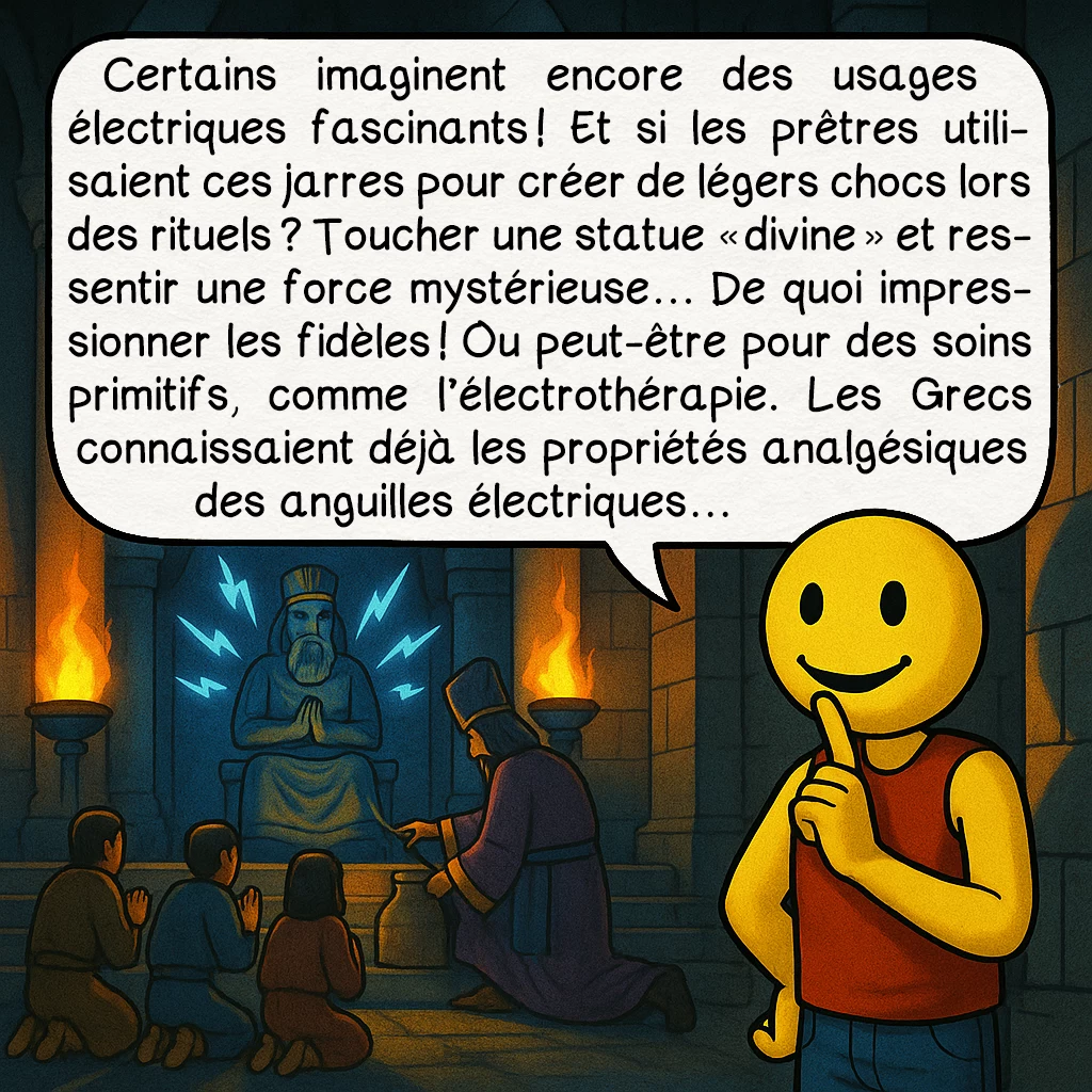 La pile électrique de Bagdad, case 7 : Certains imaginent encore des usages électriques fascinants ! Et si les prêtres utilisaient ces jarres pour créer de légers chocs lors des rituels ? Toucher une statue « divine » et ressentir une force mystérieuse… De quoi impressionner les fidèles ! Ou peut-être pour des soins primitifs, comme l’électrothérapie. Les Grecs connaissaient déjà les propriétés analgésiques des anguilles électriques…