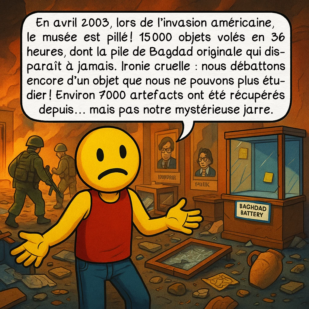 La pile électrique de Bagdad, case 8 : En avril 2003, lors de l’invasion américaine, le musée est pillé ! 15 000 objets volés en 36 heures, dont la pile de Bagdad originale qui disparaît à jamais. Ironie cruelle : nous débattons encore d’un objet que nous ne pouvons plus étudier ! Environ 7000 artefacts ont été récupérés depuis… mais pas notre mystérieuse jarre.