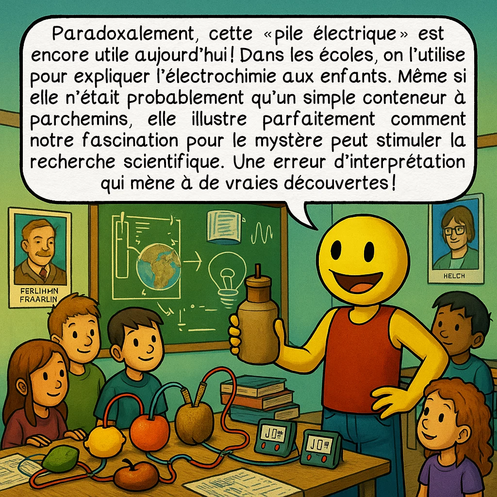La pile électrique de Bagdad, case 9 : Paradoxalement, cette « pile électrique » est encore utile aujourd’hui ! Dans les écoles, on l’utilise pour expliquer l’électrochimie aux enfants. Même si elle n’était probablement qu’un simple conteneur à parchemins, elle illustre parfaitement comment notre fascination pour le mystère peut stimuler la recherche scientifique. Une erreur d’interprétation qui mène à de vraies découvertes !