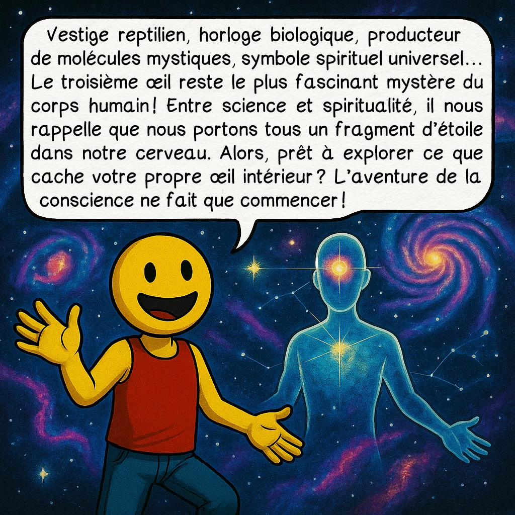 Le troisième œil, case 10 : Vestige reptilien, horloge biologique, producteur de molécules mystiques, symbole spirituel universel… Le troisième œil reste le plus fascinant mystère du corps humain ! Entre science et spiritualité, il nous rappelle que nous portons tous un fragment d’étoile dans notre cerveau. Alors, prêt à explorer ce que cache votre propre œil intérieur ? L’aventure de la conscience ne fait que commencer !