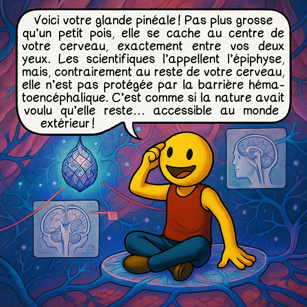 Le troisième œil, case 2 : Voici votre glande pinéale ! Pas plus grosse qu’un petit pois, elle se cache au centre de votre cerveau, exactement entre vos deux yeux. Les scientifiques l’appellent l’épiphyse, mais, contrairement au reste de votre cerveau, elle n’est pas protégée par la barrière hématoencéphalique. C’est comme si la nature avait voulu qu’elle reste… accessible au monde extérieur !