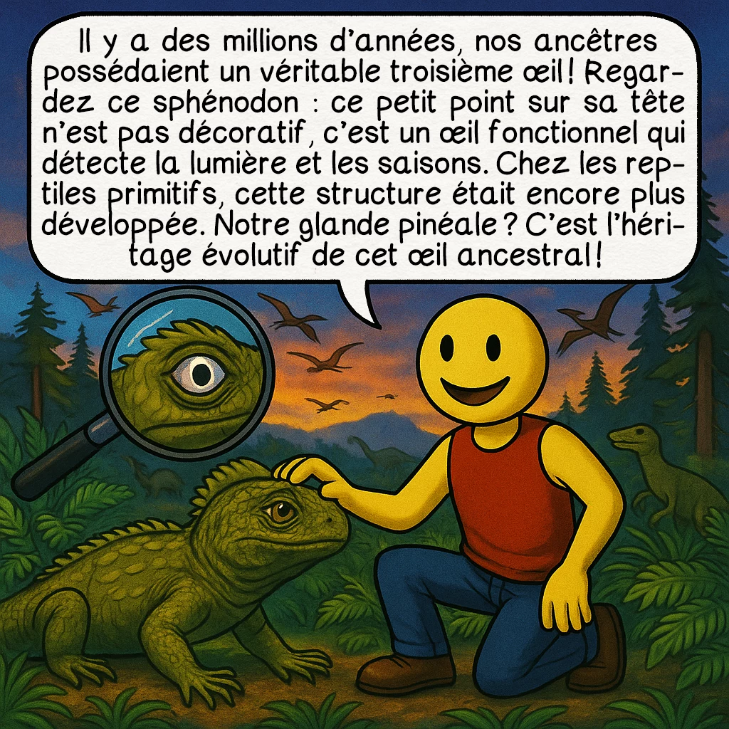 Le troisième œil, case 3 : Il y a des millions d’années, nos ancêtres possédaient un véritable troisième œil ! Regardez ce sphénodon : ce petit point sur sa tête n’est pas décoratif, c’est un œil fonctionnel qui détecte la lumière et les saisons. Chez les reptiles primitifs, cette structure était encore plus développée. Notre glande pinéale ? C’est l’héritage évolutif de cet œil ancestral !