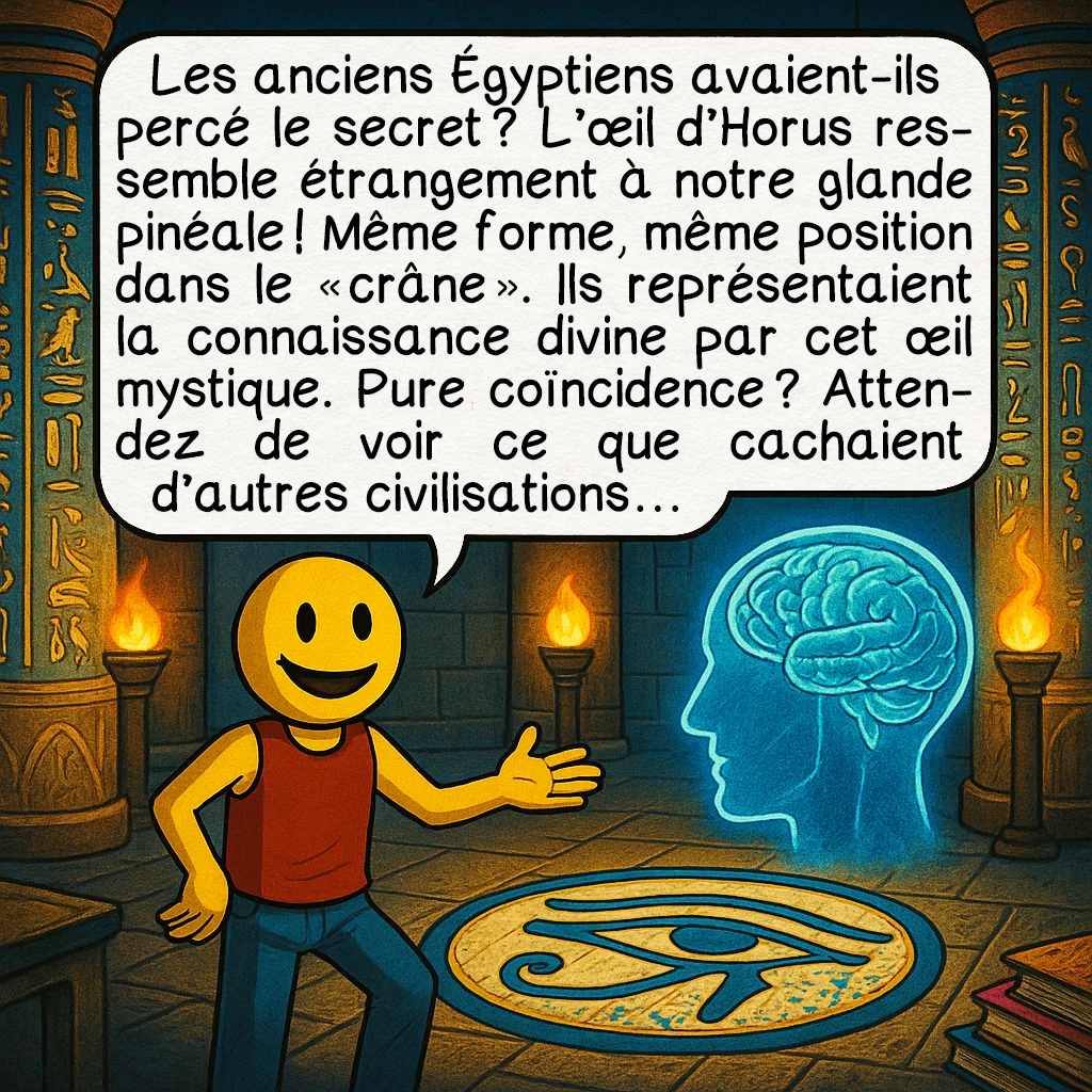 Le troisième œil, case 4 : Les anciens Égyptiens avaient-ils percé le secret ? L’œil d’Horus ressemble étrangement à notre glande pinéale ! Même forme, même position dans le « crâne ». Ils représentaient la connaissance divine par cet œil mystique. Pure coïncidence ? Attendez de voir ce que cachaient d’autres civilisations…