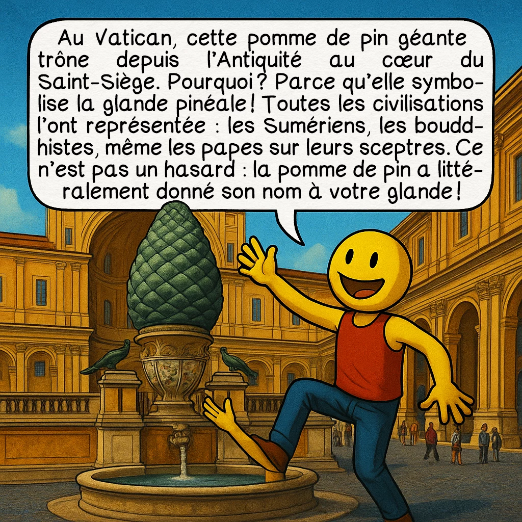 Le troisième œil, case 5 : Au Vatican, cette pomme de pin géante trône depuis l’Antiquité au cœur du Saint-Siège. Pourquoi ? Parce qu’elle symbolise la glande pinéale ! Toutes les civilisations l’ont représentée : les Sumériens, les bouddhistes, même les papes sur leurs sceptres. Ce n’est pas un hasard : la pomme de pin a littéralement donné son nom à votre glande !