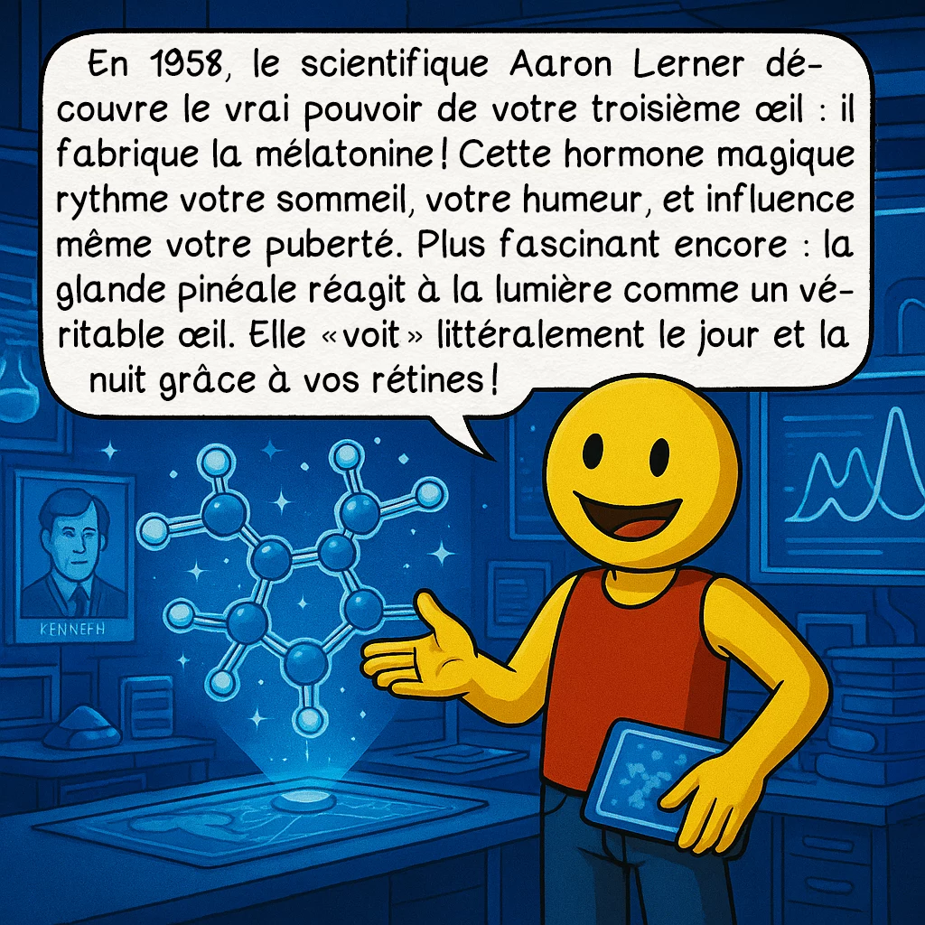 Le troisième œil, case 6 : En 1958, le scientifique Aaron Lerner découvre le vrai pouvoir de votre troisième œil : il fabrique la mélatonine ! Cette hormone magique rythme votre sommeil, votre humeur, et influence même votre puberté. Plus fascinant encore : la glande pinéale réagit à la lumière comme un véritable œil. Elle « voit » littéralement le jour et la nuit grâce à vos rétines !