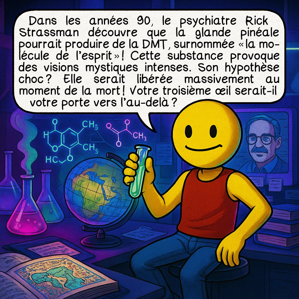 Le troisième œil, case 7 : Dans les années 90, le psychiatre Rick Strassman découvre que la glande pinéale pourrait produire de la DMT, surnommée « la molécule de l’esprit » ! Cette substance provoque des visions mystiques intenses. Son hypothèse choc ? Elle serait libérée massivement au moment de la mort ! Votre troisième œil serait-il votre porte vers l’au-delà ?