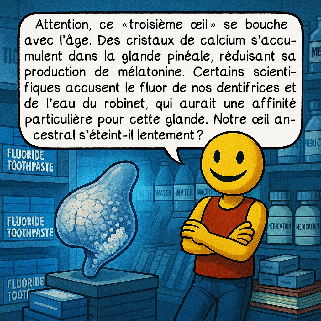 Le troisième œil, case 8 : Attention, ce « troisième œil » se bouche avec l’âge. Des cristaux de calcium s’accumulent dans la glande pinéale, réduisant sa production de mélatonine. Certains scientifiques accusent le fluor de nos dentifrices et de l’eau du robinet, qui aurait une affinité particulière pour cette glande. Notre œil ancestral s’éteint-il lentement ?