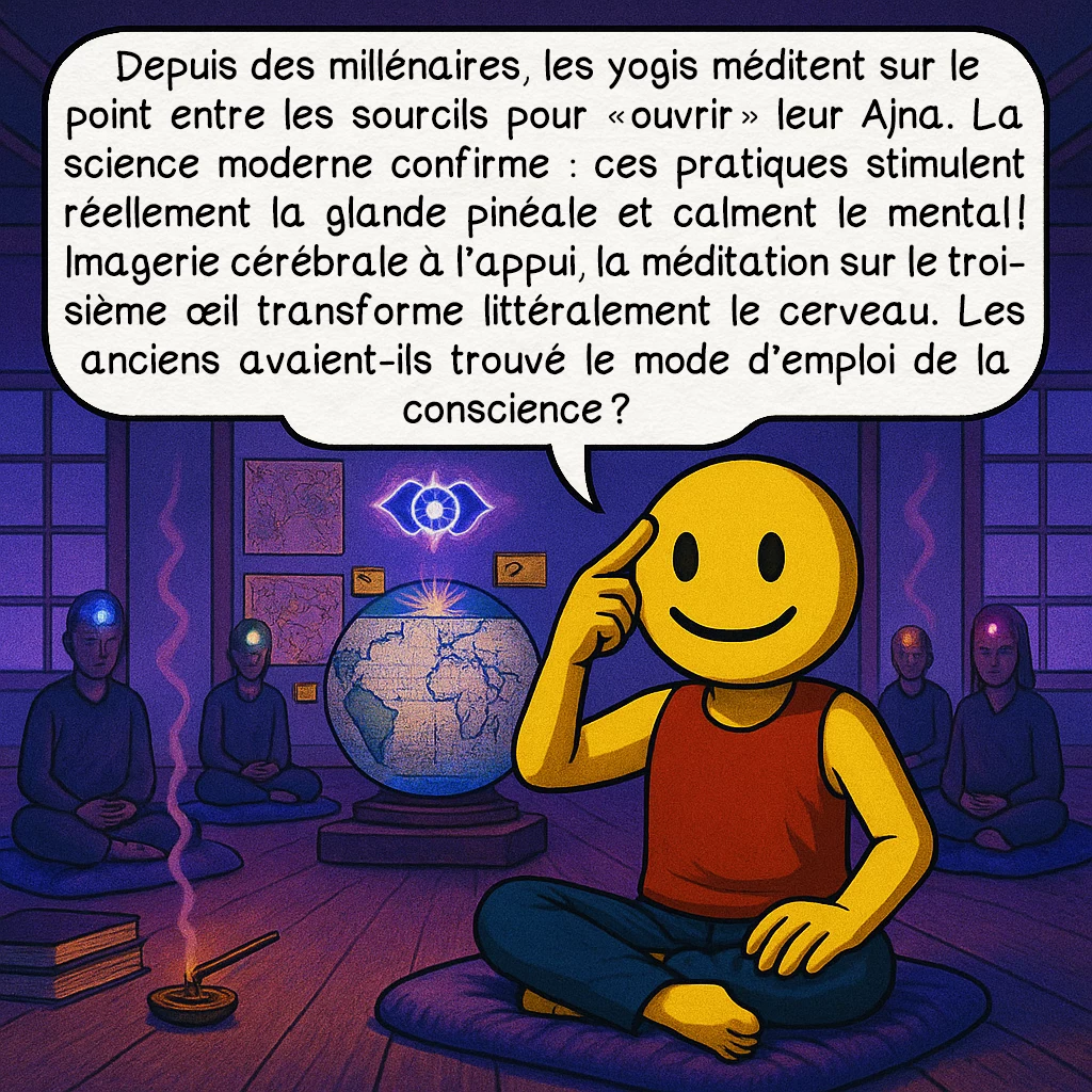 Le troisième œil, case 9 : Depuis des millénaires, les yogis méditent sur le point entre les sourcils pour « ouvrir » leur Ajna. La science moderne confirme : ces pratiques stimulent réellement la glande pinéale et calment le mental ! Imagerie cérébrale à l’appui, la méditation sur le troisième œil transforme littéralement le cerveau. Les anciens avaient-ils trouvé le mode d’emploi de la conscience ?