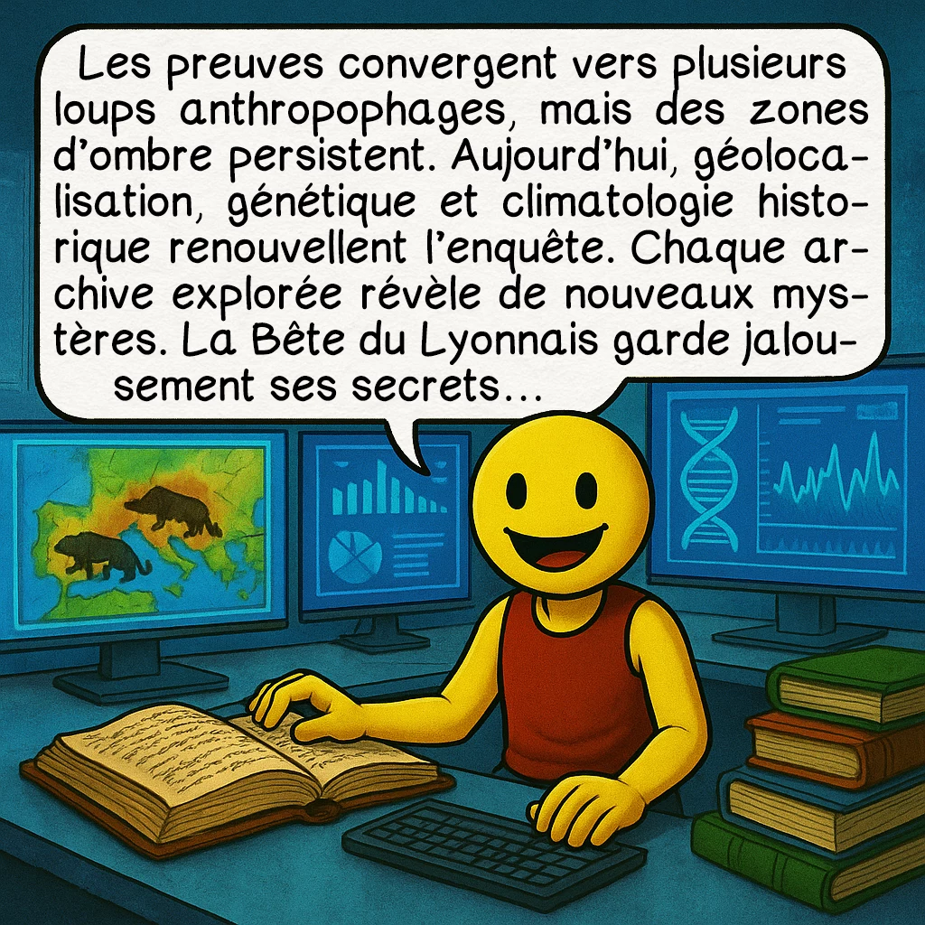 La bête du Lyonnais, case 10 : Les preuves convergent vers plusieurs loups anthropophages, mais des zones d’ombre persistent. Aujourd’hui, géolocalisation, génétique et climatologie historique renouvellent l’enquête. Chaque archive explorée révèle de nouveaux mystères. La Bête du Lyonnais garde jalousement ses secrets…