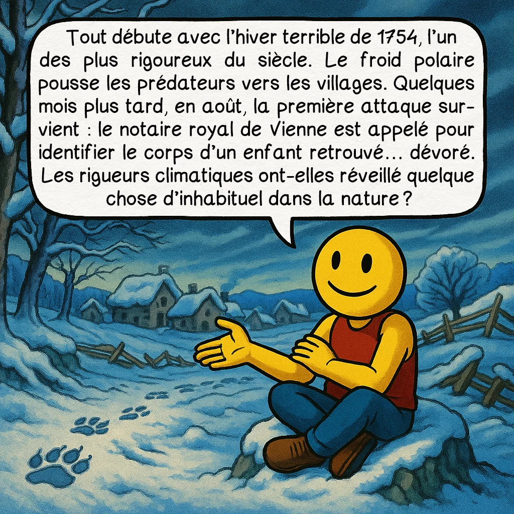 La bête du Lyonnais, case 2 : Tout débute avec l’hiver terrible de 1754, l’un des plus rigoureux du siècle. Le froid polaire pousse les prédateurs vers les villages. Quelques mois plus tard, en août, la première attaque survient : le notaire royal de Vienne est appelé pour identifier le corps d’un enfant retrouvé… dévoré. Les rigueurs climatiques ont-elles réveillé quelque chose d’inhabituel dans la nature ?