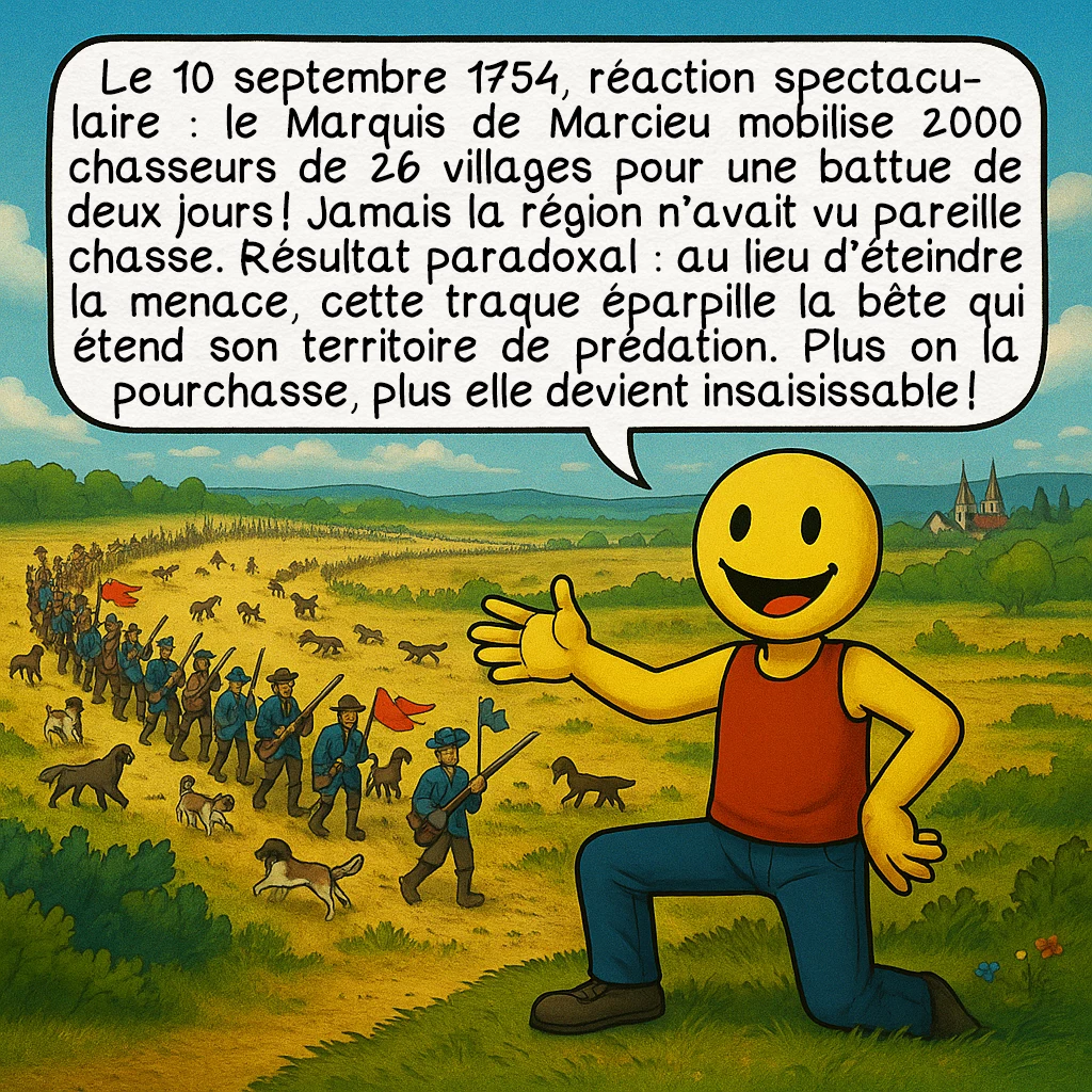 La bête du Lyonnais, case 3 : Le 10 septembre 1754, réaction spectaculaire : le Marquis de Marcieu mobilise 2000 chasseurs de 26 villages pour une battue de deux jours ! Jamais la région n’avait vu pareille chasse. Résultat paradoxal : au lieu d’éteindre la menace, cette traque éparpille la bête qui étend son territoire de prédation. Plus on la pourchasse, plus elle devient insaisissable !