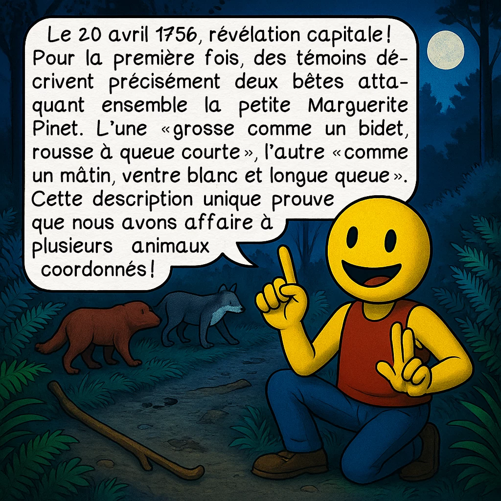 La bête du Lyonnais, case 5 : Le 20 avril 1756, révélation capitale ! Pour la première fois, des témoins décrivent précisément deux bêtes attaquant ensemble la petite Marguerite Pinet. L’une « grosse comme un bidet, rousse à queue courte », l’autre « comme un mâtin, ventre blanc et longue queue ». Cette description unique prouve que nous avons affaire à plusieurs animaux coordonnés !