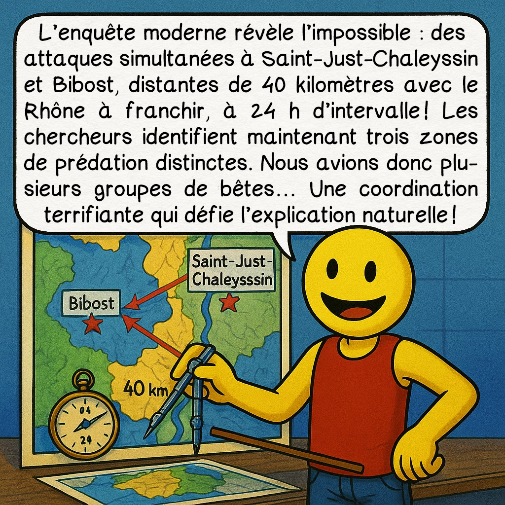 La bête du Lyonnais, case 6 : L’enquête moderne révèle l’impossible : des attaques simultanées à Saint-Just-Chaleyssin et Bibost, distantes de 40 kilomètres avec le Rhône à franchir, à 24 h d’intervalle ! Les chercheurs identifient maintenant trois zones de prédation distinctes. Nous avions donc plusieurs groupes de bêtes… Une coordination terrifiante qui défie l’explication naturelle !