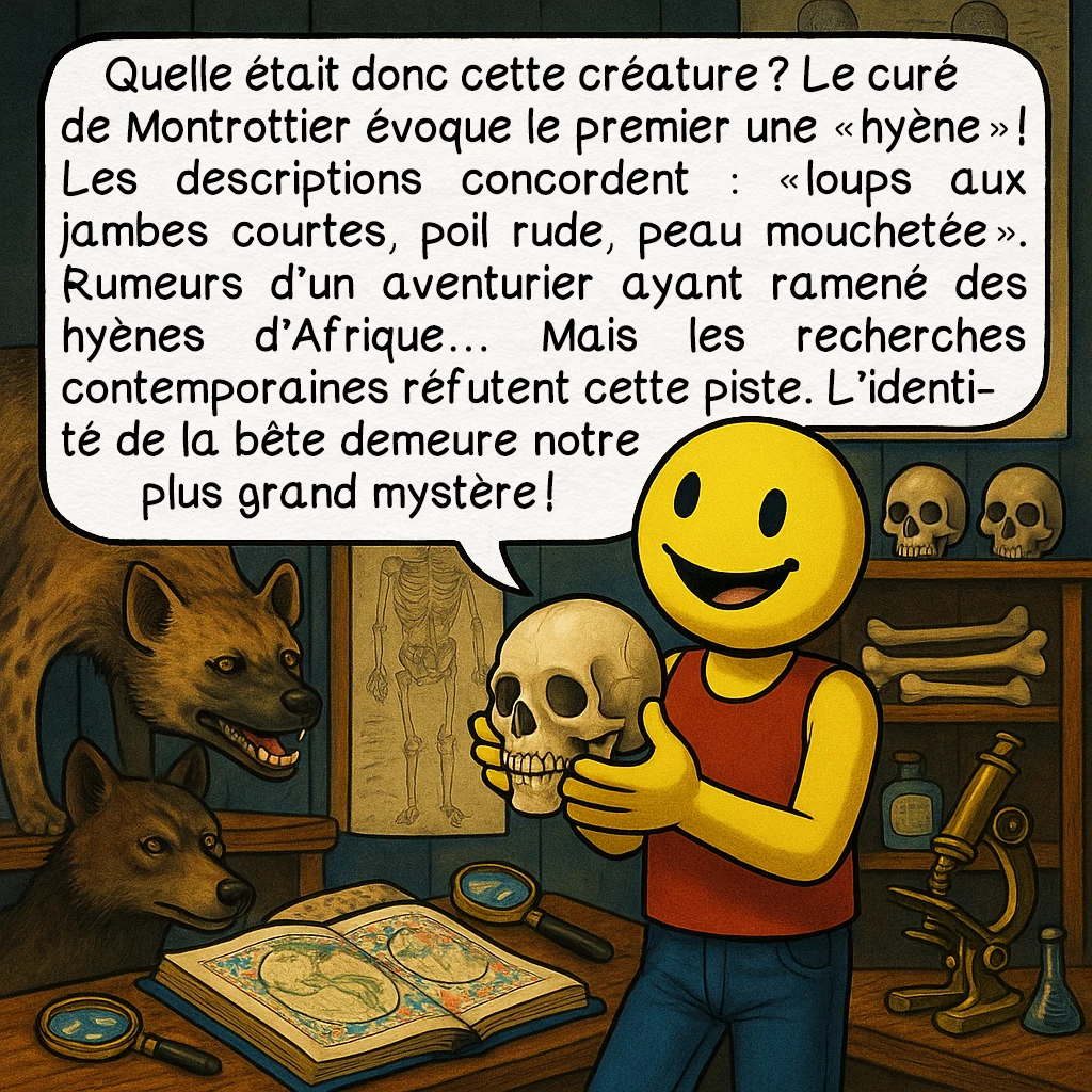 La bête du Lyonnais, case 7 : Quelle était donc cette créature ? Le curé de Montrottier évoque le premier une « hyène » ! Les descriptions concordent : « loups aux jambes courtes, poil rude, peau mouchetée ». Rumeurs d’un aventurier ayant ramené des hyènes d’Afrique… Mais les recherches contemporaines réfutent cette piste. L’identité de la bête demeure notre plus grand mystère !