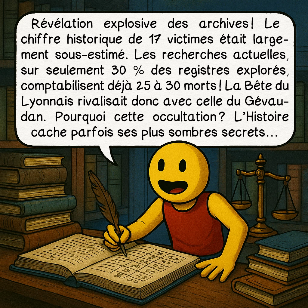 La bête du Lyonnais, case 8 : Révélation explosive des archives ! Le chiffre historique de 17 victimes était largement sous-estimé. Les recherches actuelles, sur seulement 30 % des registres explorés, comptabilisent déjà 25 à 30 morts ! La Bête du Lyonnais rivalisait donc avec celle du Gévaudan. Pourquoi cette occultation ? L’Histoire cache parfois ses plus sombres secrets…