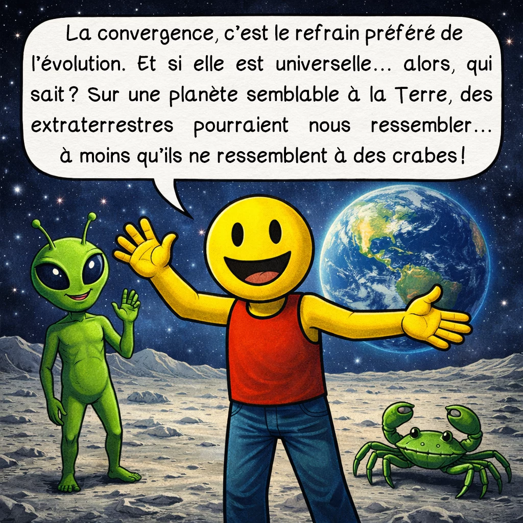 La convergence évolutive, case 10 : La convergence, c’est le refrain préféré de l’évolution. Et si elle est universelle… alors, qui sait ? Sur une planète semblable à la Terre, des extraterrestres pourraient nous ressembler… à moins qu’ils ne ressemblent à des crabes !