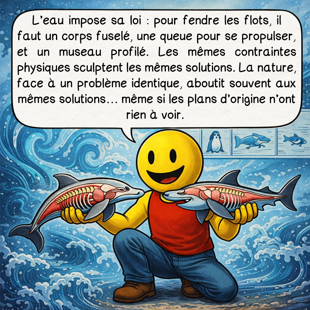 La convergence évolutive, case 2 : L’eau impose sa loi : pour fendre les flots, il faut un corps fuselé, une queue pour se propulser, et un museau profilé. Les mêmes contraintes physiques sculptent les mêmes solutions. La nature, face à un problème identique, aboutit souvent aux mêmes solutions… même si les plans d’origine n’ont rien à voir.