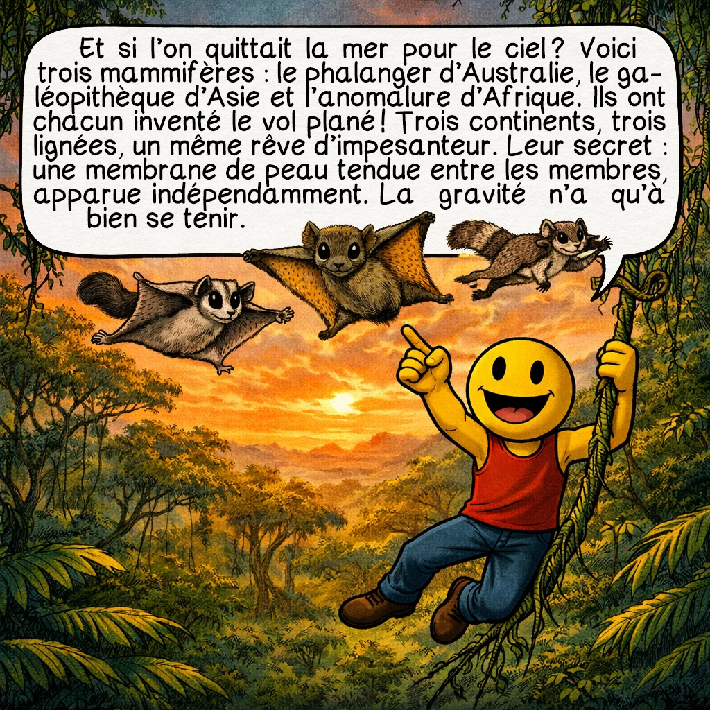 La convergence évolutive, case 3 : Et si l’on quittait la mer pour le ciel ? Voici trois mammifères : le phalanger d’Australie, le galéopithèque d’Asie et l’anomalure d’Afrique. Ils ont chacun inventé le vol plané ! Trois continents, trois lignées, un même rêve d’impesanteur. Leur secret : une membrane de peau tendue entre les membres, apparue indépendamment. La gravité n’a qu’à bien se tenir.