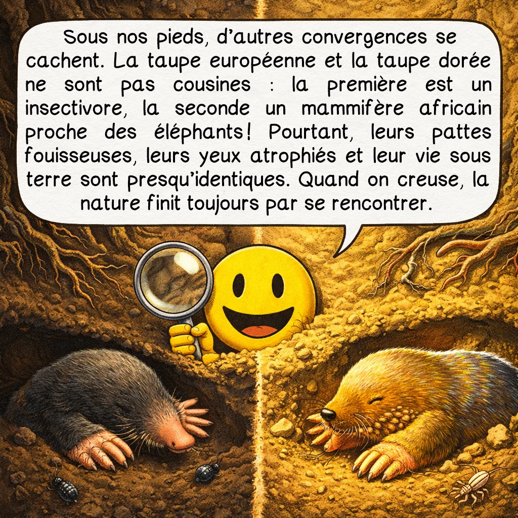 La convergence évolutive, case 4 : Sous nos pieds, d’autres convergences se cachent. La taupe européenne et la taupe dorée ne sont pas cousines : la première est un insectivore, la seconde un mammifère africain proche des éléphants ! Pourtant, leurs pattes fouisseuses, leurs yeux atrophiés et leur vie sous terre sont presqu’identiques. Quand on creuse, la nature finit toujours par se rencontrer.