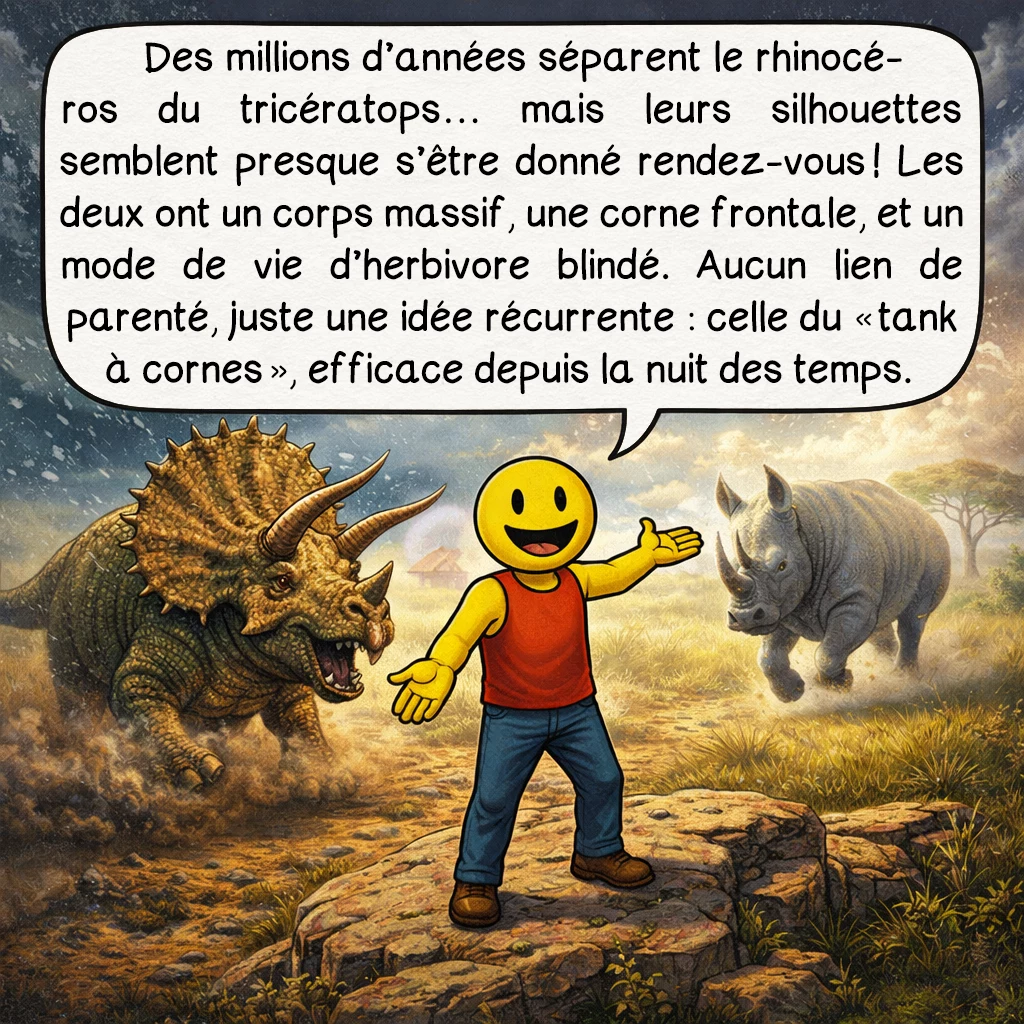 La convergence évolutive, case 5 : Des millions d’années séparent le rhinocéros du tricératops… mais leurs silhouettes semblent presque s’être donné rendez-vous ! Les deux ont un corps massif, une corne frontale, et un mode de vie d’herbivore blindé. Aucun lien de parenté, juste une idée récurrente : celle du « tank à cornes », efficace depuis la nuit des temps.
