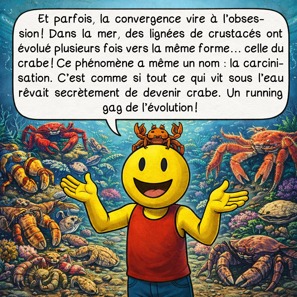 La convergence évolutive, case 6 : Et parfois, la convergence vire à l’obsession ! Dans la mer, des lignées de crustacés ont évolué plusieurs fois vers la même forme… celle du crabe ! Ce phénomène a même un nom : la carcinisation. C’est comme si tout ce qui vit sous l’eau rêvait secrètement de devenir crabe. Un running gag de l’évolution !