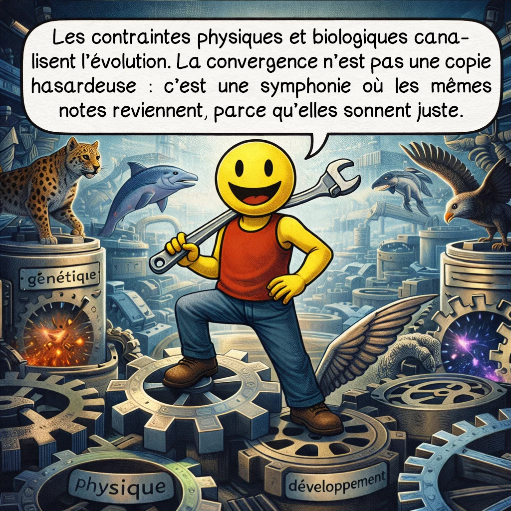 La convergence évolutive, case 7 : Les contraintes physiques et biologiques canalisent l’évolution. La convergence n’est pas une copie hasardeuse : c’est une symphonie où les mêmes notes reviennent, parce qu’elles sonnent juste.