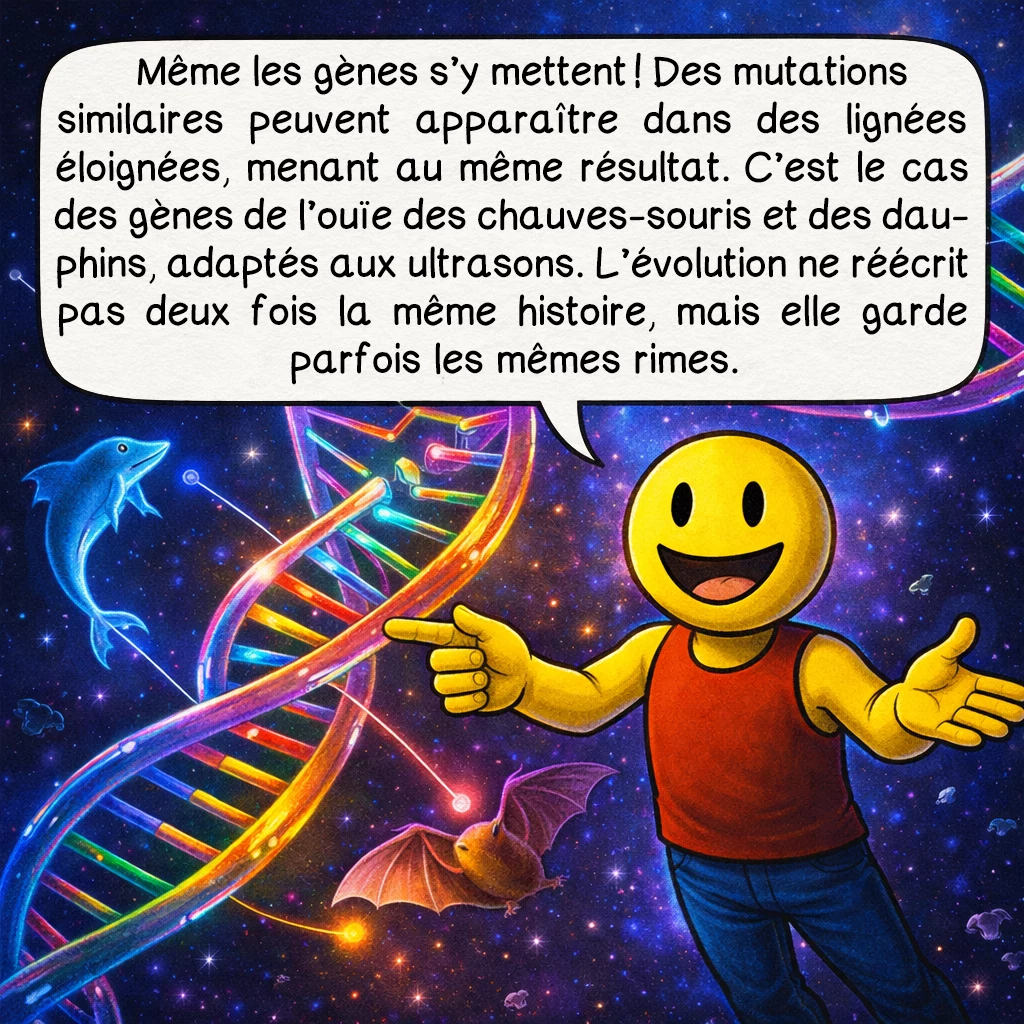 La convergence évolutive, case 8 : Même les gènes s’y mettent ! Des mutations similaires peuvent apparaître dans des lignées éloignées, menant au même résultat. C’est le cas des gènes de l’ouïe des chauves-souris et des dauphins, adaptés aux ultrasons. L’évolution ne réécrit pas deux fois la même histoire, mais elle garde parfois les mêmes rimes.