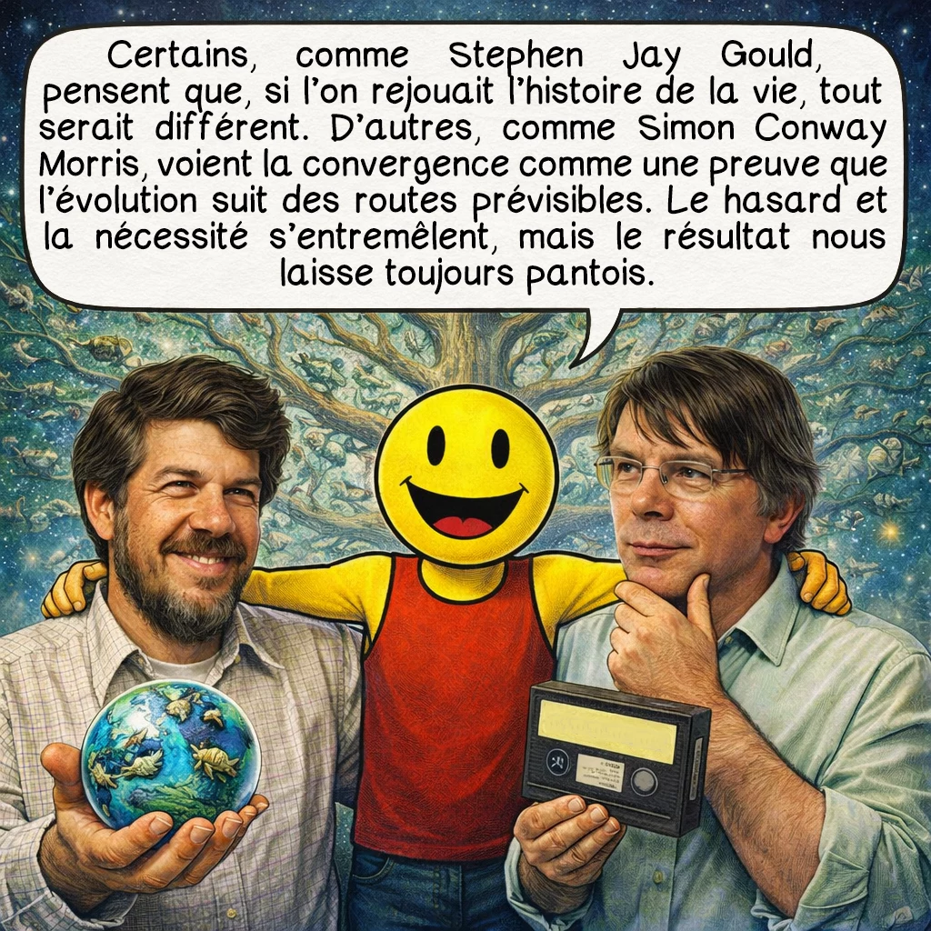 La convergence évolutive, case 9 : Certains, comme Stephen Jay Gould, pensent que, si l’on rejouait l’histoire de la vie, tout serait différent. D’autres, comme Simon Conway Morris, voient la convergence comme une preuve que l’évolution suit des routes prévisibles. Le hasard et la nécessité s’entremêlent, mais le résultat nous laisse toujours pantois.