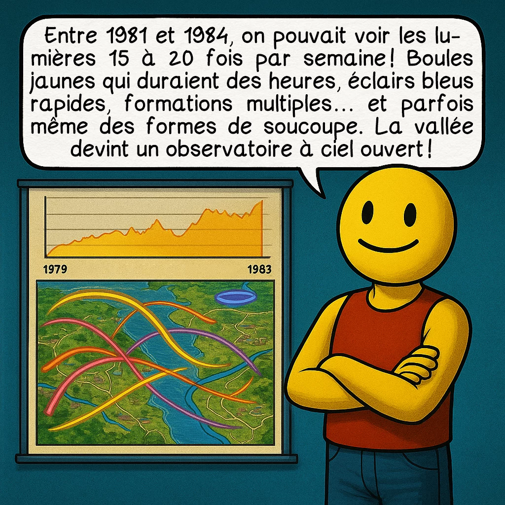 Le phénomène de Hessdalen, case 3 : Entre 1981 et 1984, on pouvait voir les lumières 15 à 20 fois par semaine ! Boules jaunes qui duraient des heures, éclairs bleus rapides, formations multiples… et parfois même des formes de soucoupe. La vallée devint un observatoire à ciel ouvert !