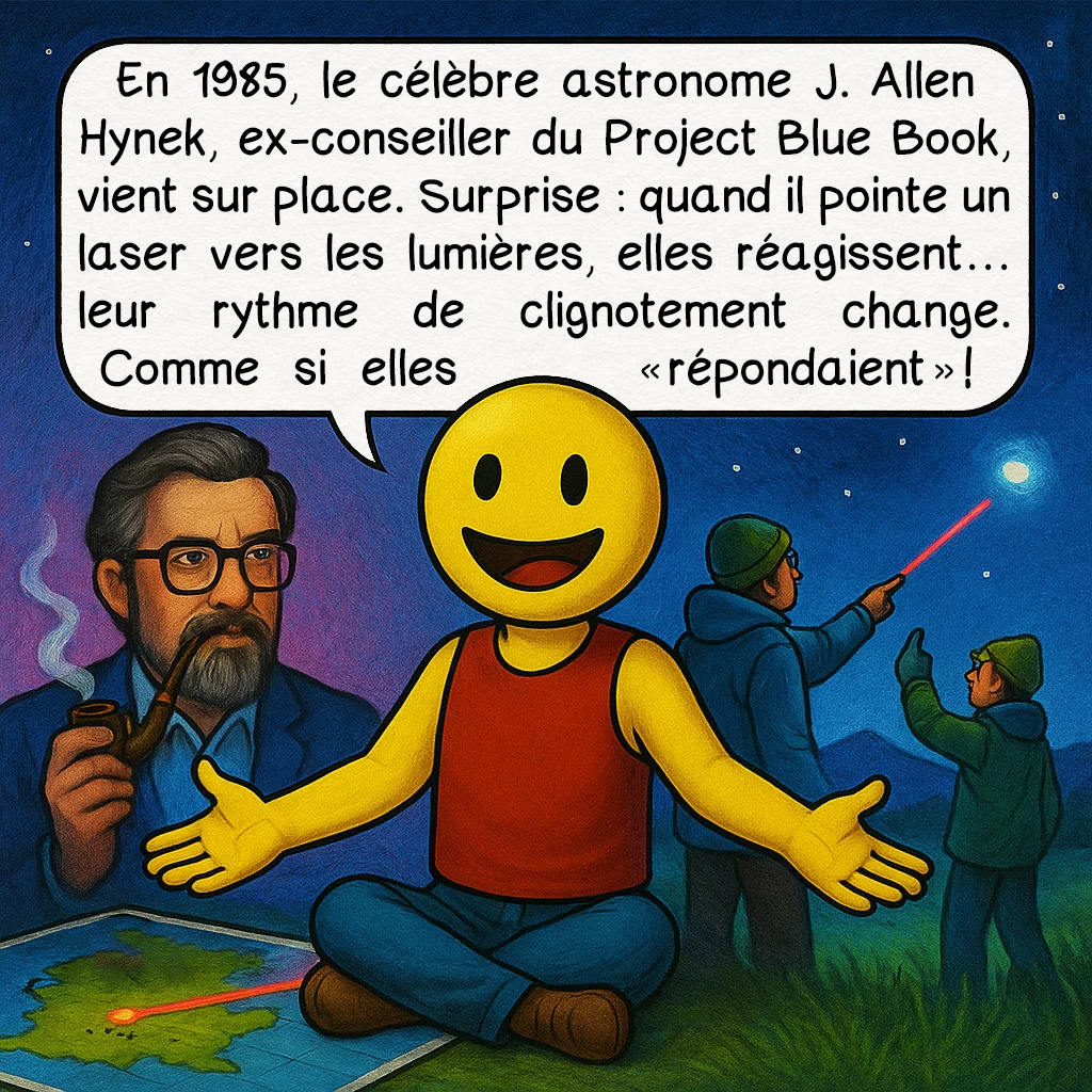 Le phénomène de Hessdalen, case 6 : En 1985, le célèbre astronome J. Allen Hynek, ex-conseiller du Project Blue Book, vient sur place. Surprise : quand il pointe un laser vers les lumières, elles réagissent… leur rythme de clignotement change. Comme si elles « répondaient » !