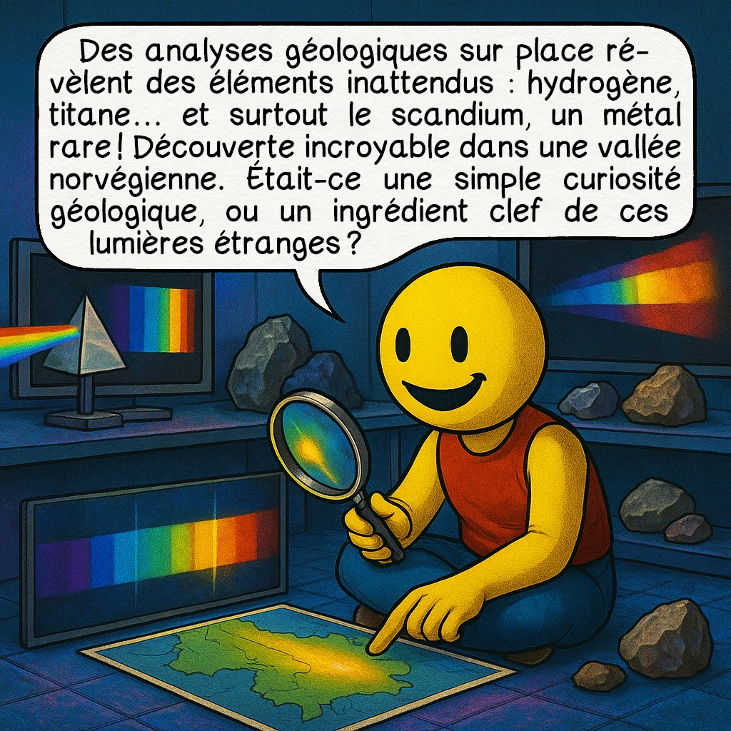 Le phénomène de Hessdalen, case 7 : Des analyses géologiques sur place révèlent des éléments inattendus : hydrogène, titane… et surtout le scandium, un métal rare ! Découverte incroyable dans une vallée norvégienne. Était-ce une simple curiosité géologique, ou un ingrédient clef de ces lumières étranges ?