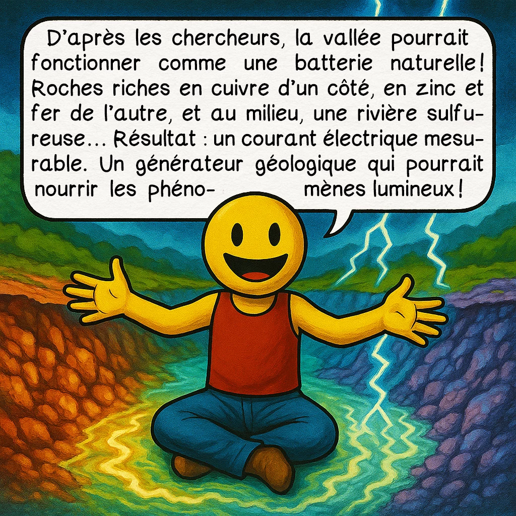Le phénomène de Hessdalen, case 8 : D’après les chercheurs, la vallée pourrait fonctionner comme une batterie naturelle ! Roches riches en cuivre d’un côté, en zinc et fer de l’autre, et au milieu, une rivière sulfureuse… Résultat : un courant électrique mesurable. Un générateur géologique qui pourrait nourrir les phénomènes lumineux !