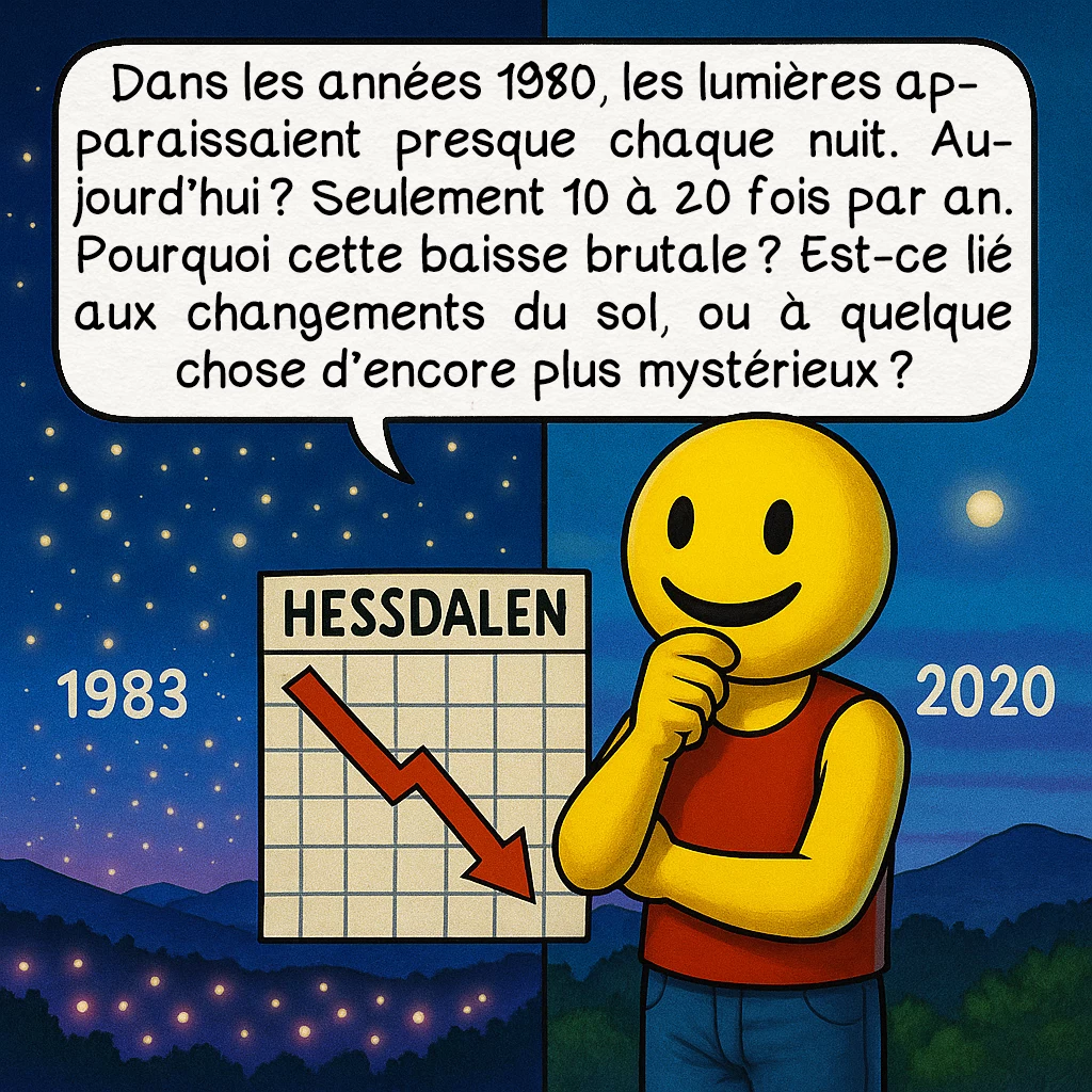 Le phénomène de Hessdalen, case 9 : Dans les années 1980, les lumières apparaissaient presque chaque nuit. Aujourd’hui ? Seulement 10 à 20 fois par an. Pourquoi cette baisse brutale ? Est-ce lié aux changements du sol, ou à quelque chose d’encore plus mystérieux ?
