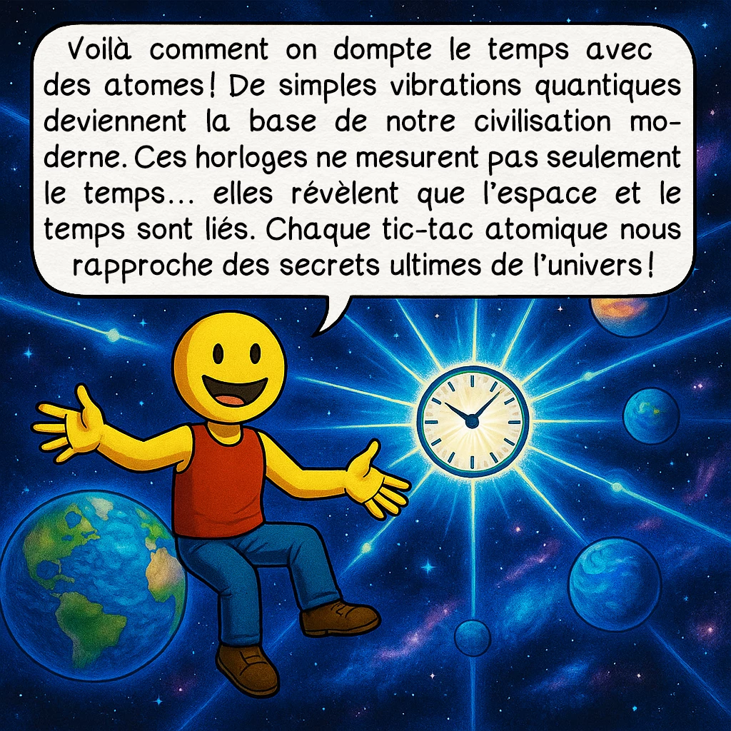 L’horloge atomique, case 10 : Voilà comment on dompte le temps avec des atomes ! De simples vibrations quantiques deviennent la base de notre civilisation moderne. Ces horloges ne mesurent pas seulement le temps… elles révèlent que l’espace et le temps sont liés. Chaque tic-tac atomique nous rapproche des secrets ultimes de l’univers !