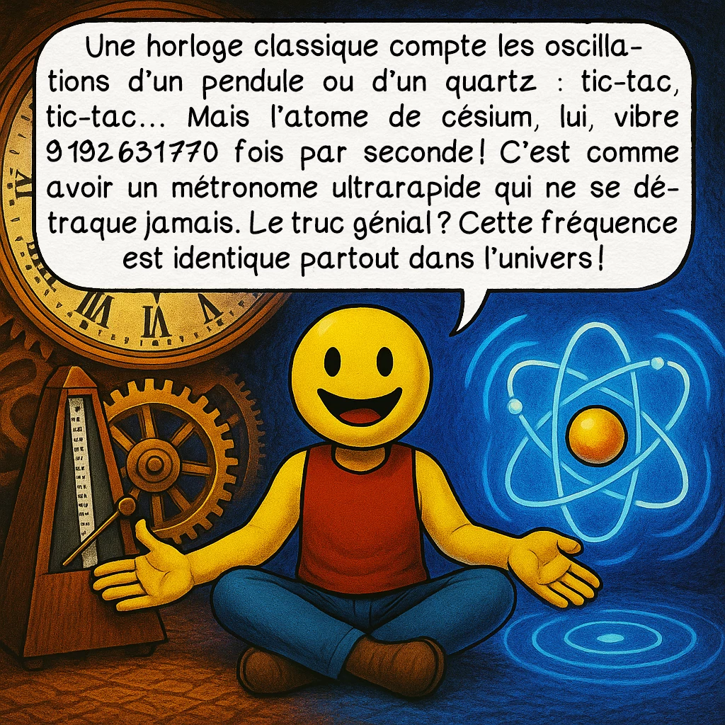 L’horloge atomique, case 2 : Une horloge classique compte les oscillations d’un pendule ou d’un quartz : tic-tac, tic-tac… Mais l’atome de césium, lui, vibre 9 192 631 770 fois par seconde ! C’est comme avoir un métronome ultrarapide qui ne se détraque jamais. Le truc génial ? Cette fréquence est identique partout dans l’univers !
