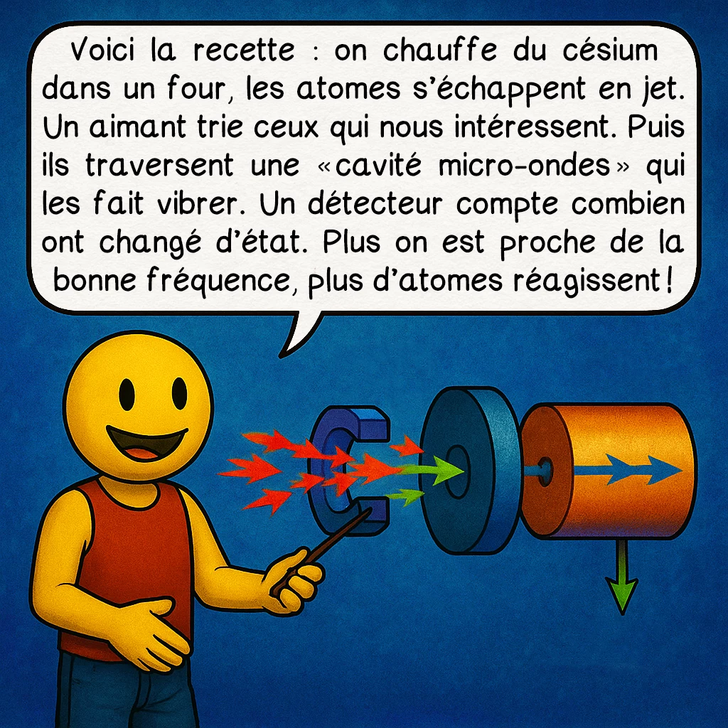 L’horloge atomique, case 3 : Voici la recette : on chauffe du césium dans un four, les atomes s’échappent en jet. Un aimant trie ceux qui nous intéressent. Puis ils traversent une « cavité micro-ondes » qui les fait vibrer. Un détecteur compte combien ont changé d’état. Plus on est proche de la bonne fréquence, plus d’atomes réagissent !