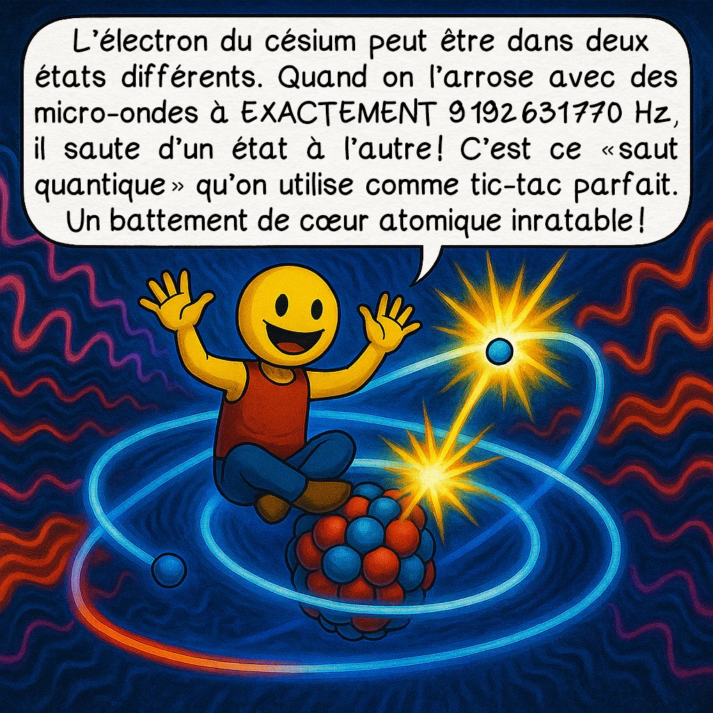 L’horloge atomique, case 4 : L’électron du césium peut être dans deux états différents. Quand on l’arrose avec des micro-ondes à EXACTEMENT 9 192 631 770 Hz, il saute d’un état à l’autre ! C’est ce « saut quantique » qu’on utilise comme tic-tac parfait. Un battement de cœur atomique inratable !