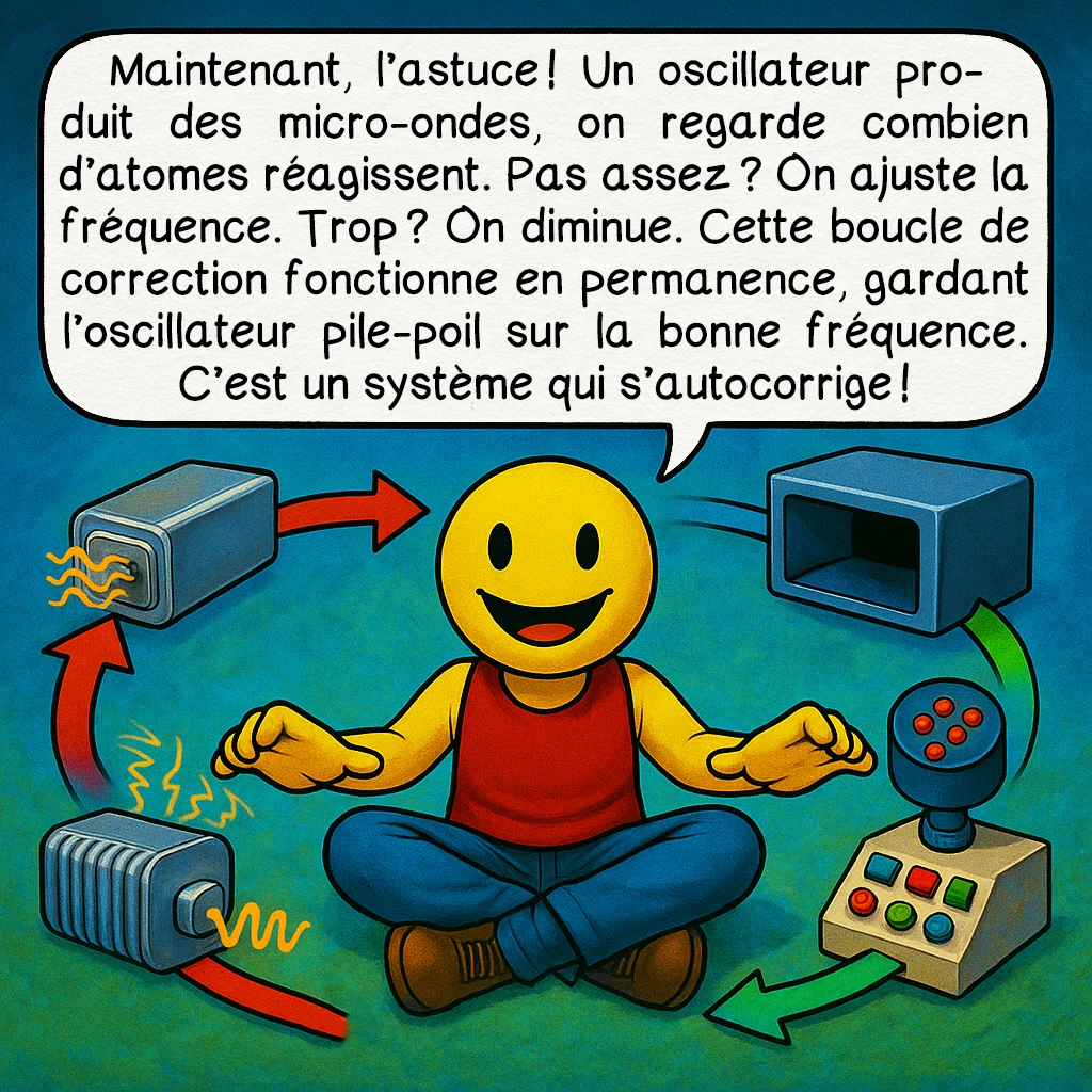 L’horloge atomique, case 5 : Maintenant, l’astuce ! Un oscillateur produit des micro-ondes, on regarde combien d’atomes réagissent. Pas assez ? On ajuste la fréquence. Trop ? On diminue. Cette boucle de correction fonctionne en permanence, gardant l’oscillateur pile-poil sur la bonne fréquence. C’est un système qui s’autocorrige !