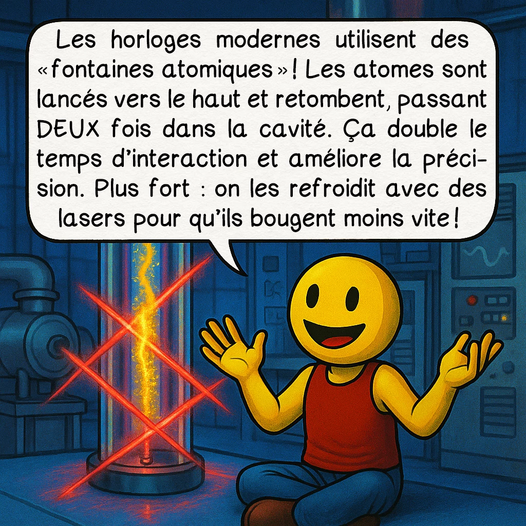 L’horloge atomique, case 6 : Les horloges modernes utilisent des « fontaines atomiques » ! Les atomes sont lancés vers le haut et retombent, passant DEUX fois dans la cavité. Ça double le temps d’interaction et améliore la précision. Plus fort : on les refroidit avec des lasers pour qu’ils bougent moins vite !