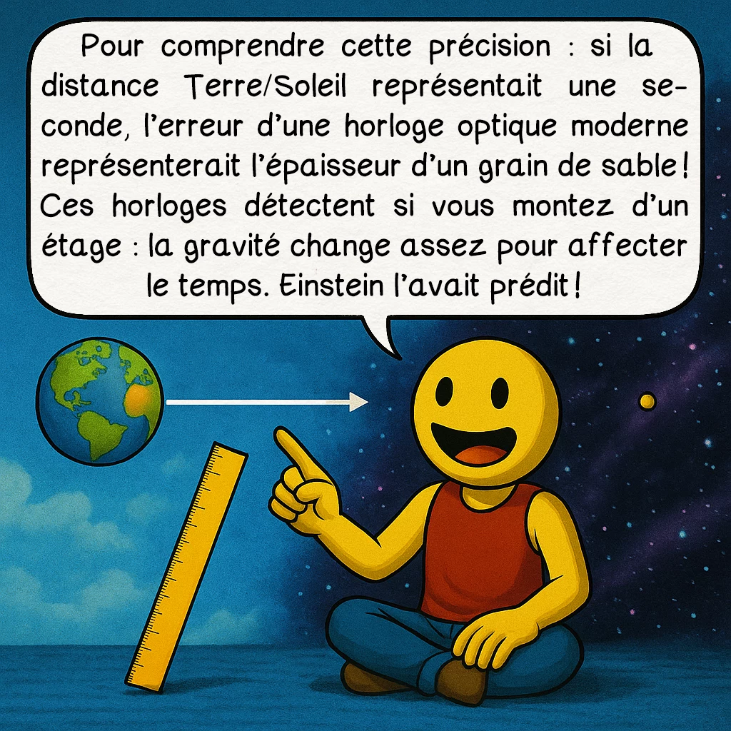L’horloge atomique, case 7 : Pour comprendre cette précision : si la distance Terre/Soleil représentait une seconde, l’erreur d’une horloge optique moderne représenterait l’épaisseur d’un grain de sable ! Ces horloges détectent si vous montez d’un étage : la gravité change assez pour affecter le temps. Einstein l’avait prédit !