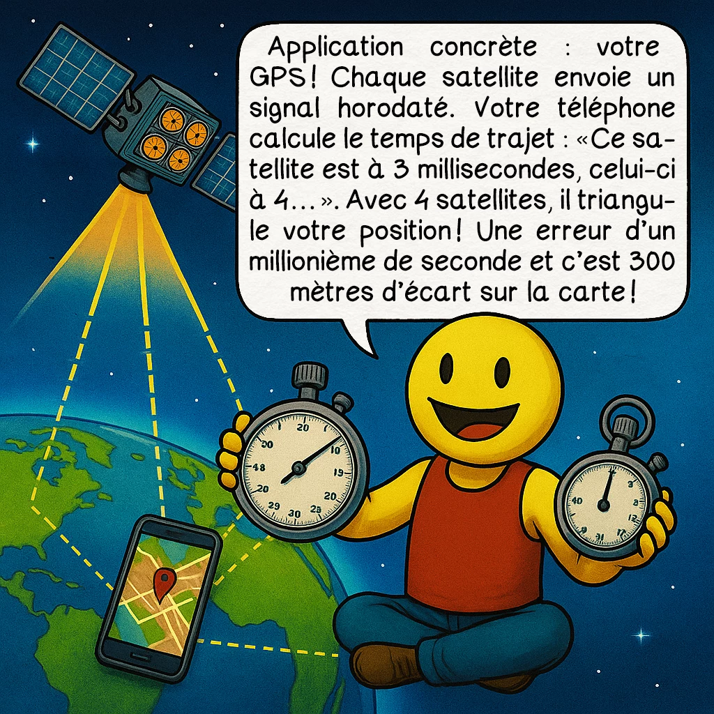 L’horloge atomique, case 8 : Application concrète : votre GPS ! Chaque satellite envoie un signal horodaté. Votre téléphone calcule le temps de trajet : « Ce satellite est à 3 millisecondes, celui-ci à 4… » Avec 4 satellites, il triangule votre position ! Une erreur d’un millionième de seconde et c’est 300 mètres d’écart sur la carte !